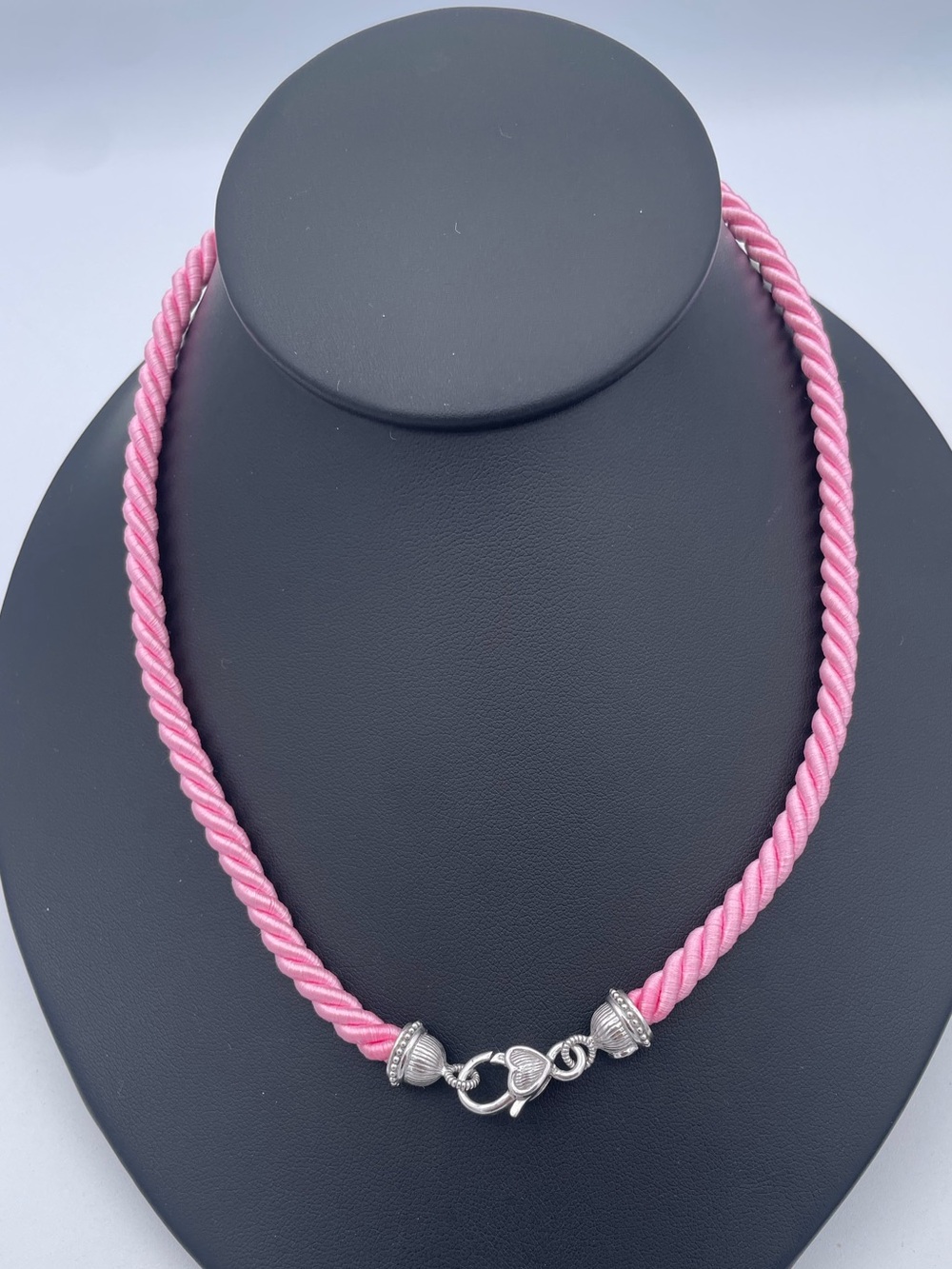Judith Ripka Pink Silk Cord Necklace Sterling Silver 925 Heart Lobster Clasp 16”